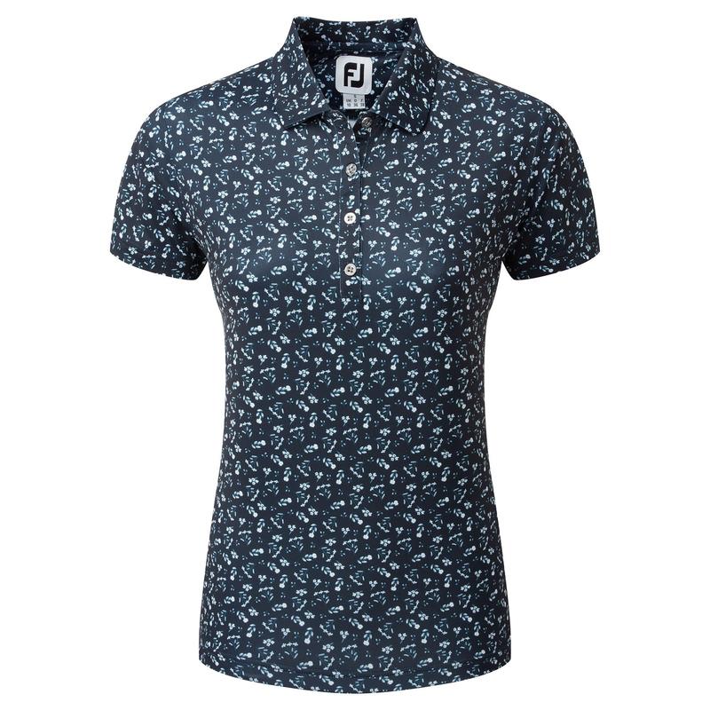 FootJoy Ladies Floral Print Lisle Golf Polo Shirt - Navy/White - main image