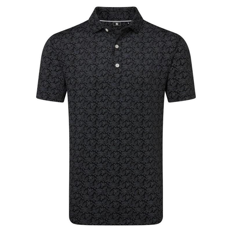 Wingtip Floral Print Lisle Golf Polo Shirt- Black/White
