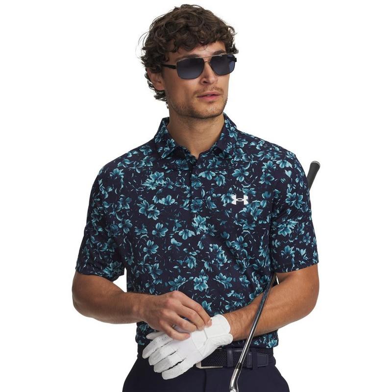 UA Matchplay Printed Golf Polo Shirt - Midnight Navy/Blue Haze
