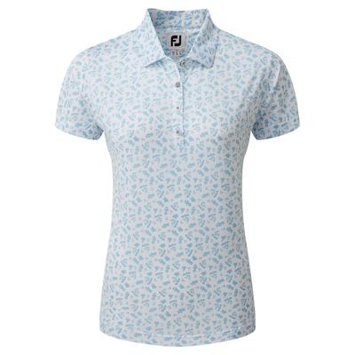 FootJoy Ladies Floral Print Lisle Golf Polo Shirt - White/Blue - thumbnail image 1