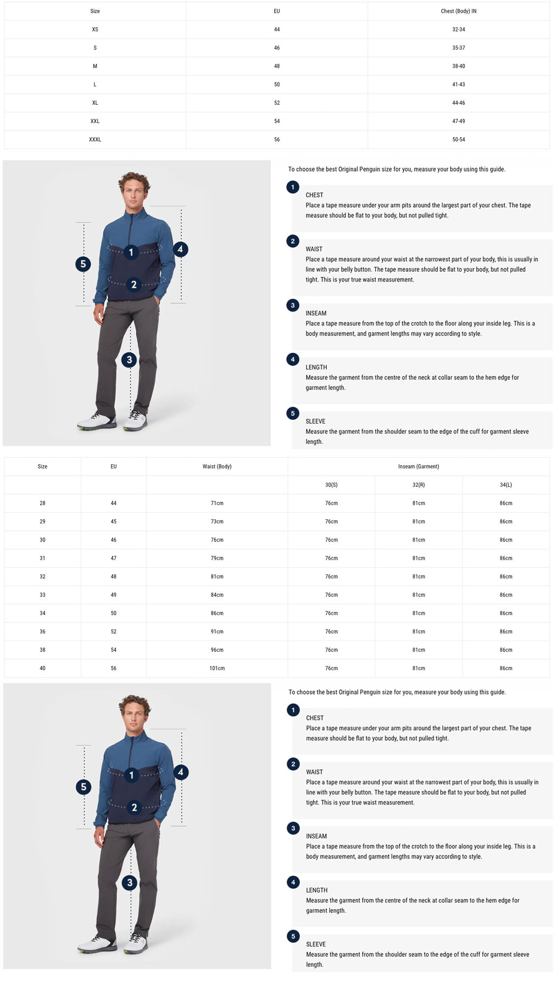 Size Chart for Callaway Water Resistant Thermal Golf Trouser - Night Sky