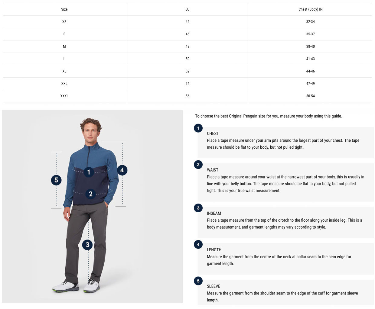 Size Chart for Callaway 1/4 Zip Merino Wool Tour Logo Golf Sweater - Arctic Paradise