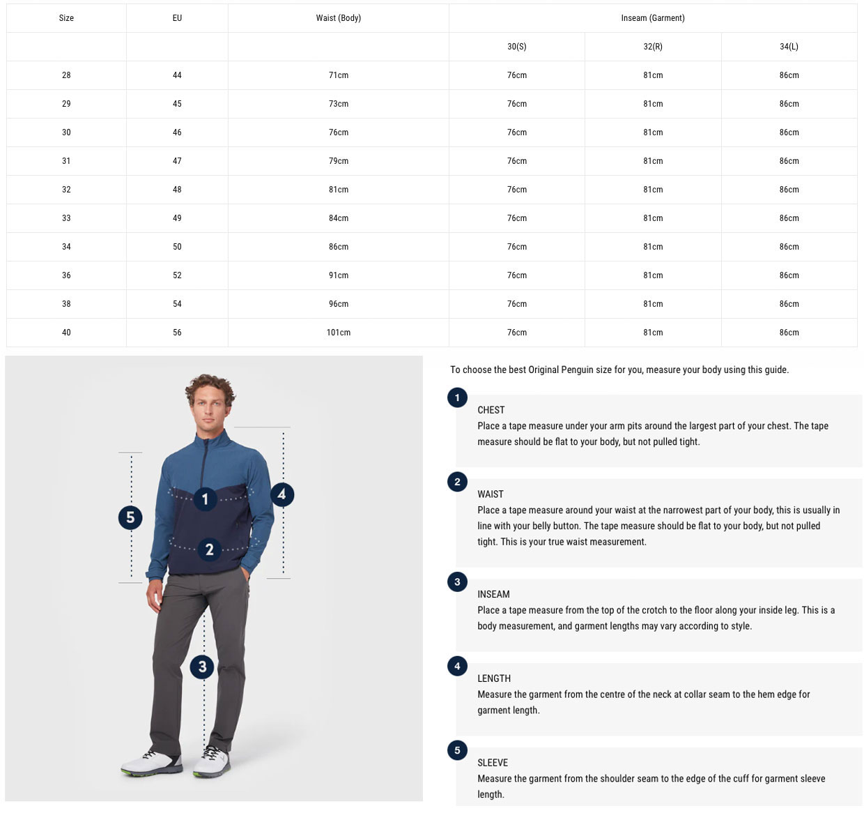 Size Chart for Callaway Water Resistant Thermal Golf Trouser - Caviar