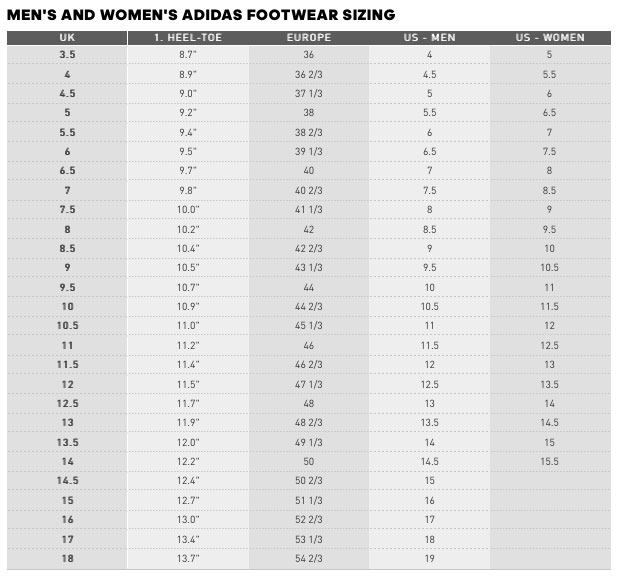 Size Chart for adidas ZG21 Motion Golf Shoes - Black